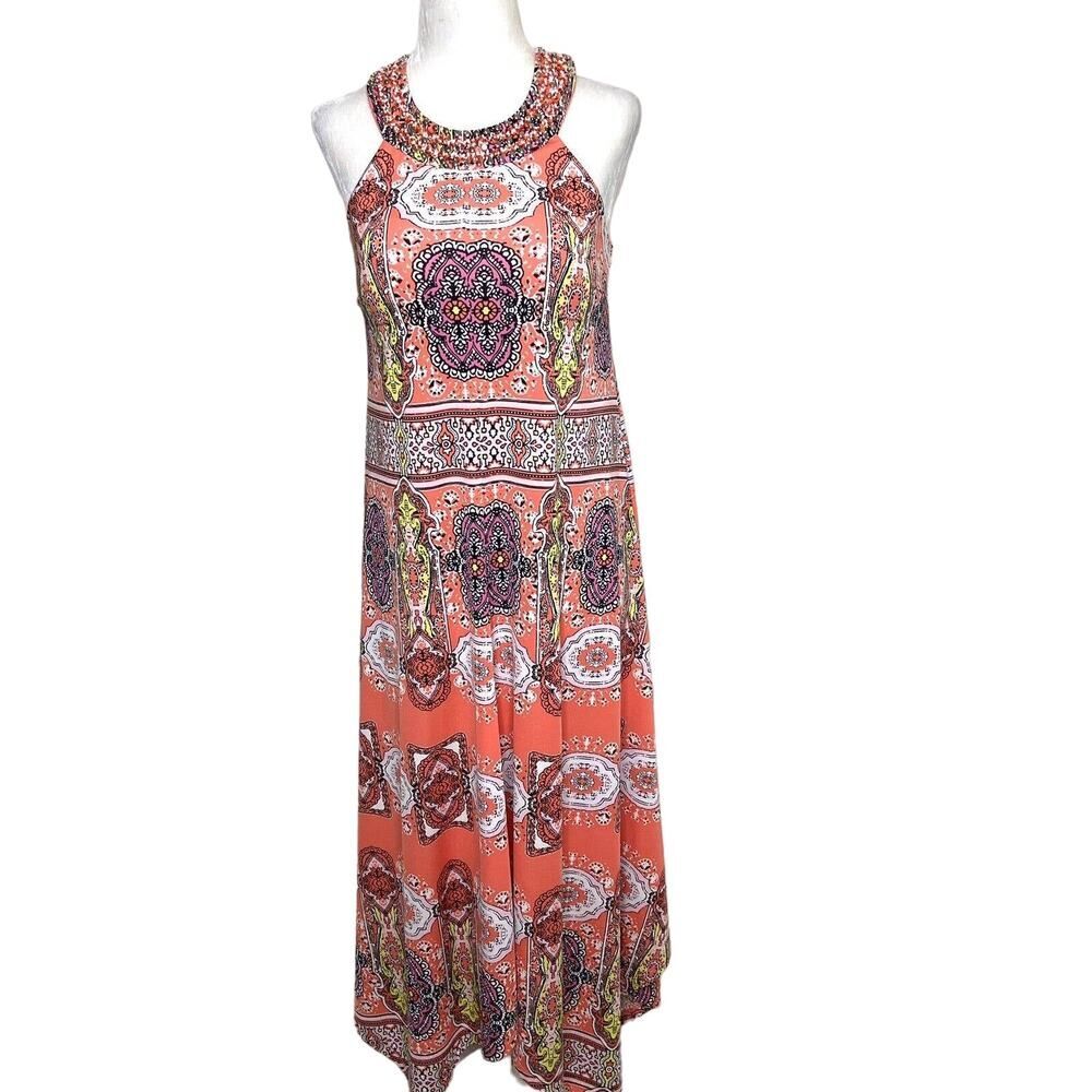 Inc International Concepts Blissful Medallion Beaded Neck Midi Dress Coral